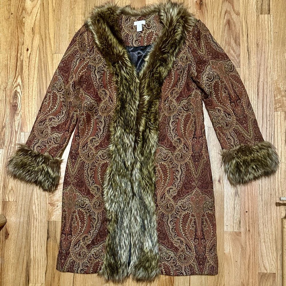 Chico's Paisley Coat with Faux Fur Trim